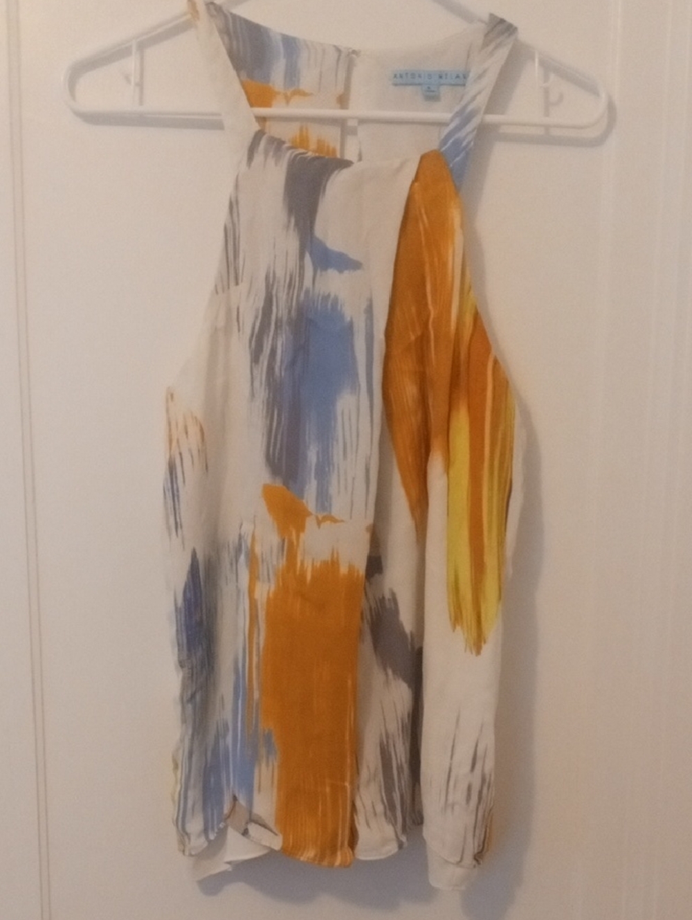 Abstract Brushstroke Halter Top in White, Mustard & Blue small